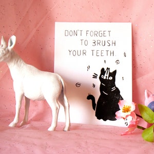 Brossez-vous les dents, carte postale avec impression lino de chats