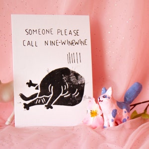 Nine-Wine-Wine, carte postale avec impression lino de chats