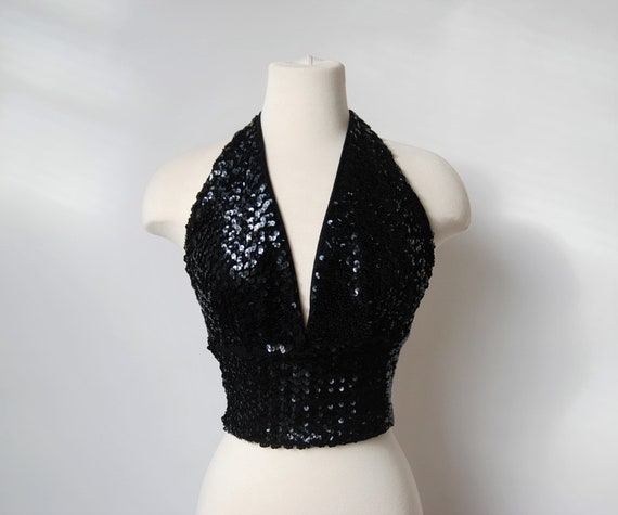 1950s Deep V Halter Top Black Sequins Tie Back S M