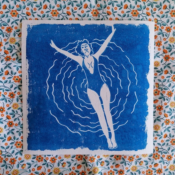 Farniente d'été linogravure femme en maillot de bain à la piscine