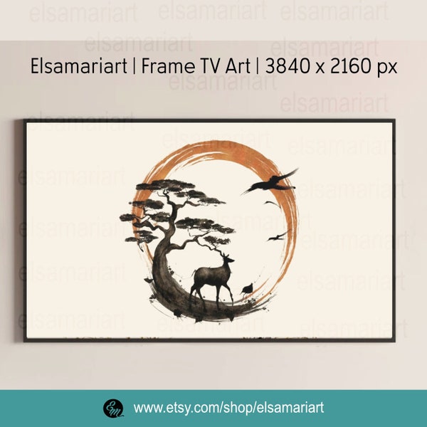 Samsung frame TV art deer Japanese sumi-e watercolor painting eclectic wall decor digital TV art