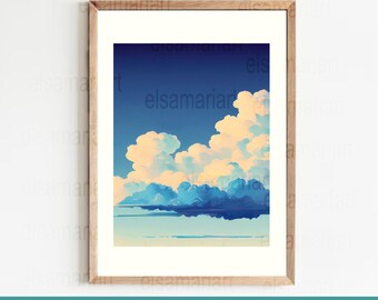 Blue clouds wall art printable illustration abstract sky painting maximalist home décor