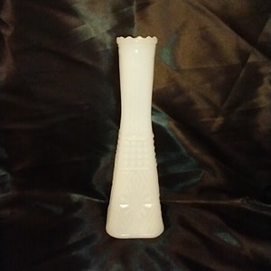 Milk Glass bud vase, 8 3/4&quot; tall, Square bottom