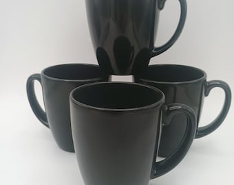 Vintage Corelle Stoneware Black Mugs, SET OF 4, 11 oz, 1990s, Excellent Condition!