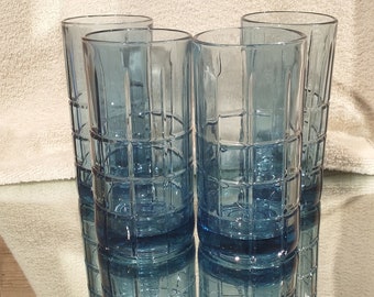 Anchor Hocking Tartan Denim Blue Flat Iced Tea Glasses, SET OF 4, 6 1/8", 16 oz, Very Heavy, Excellent Condition!