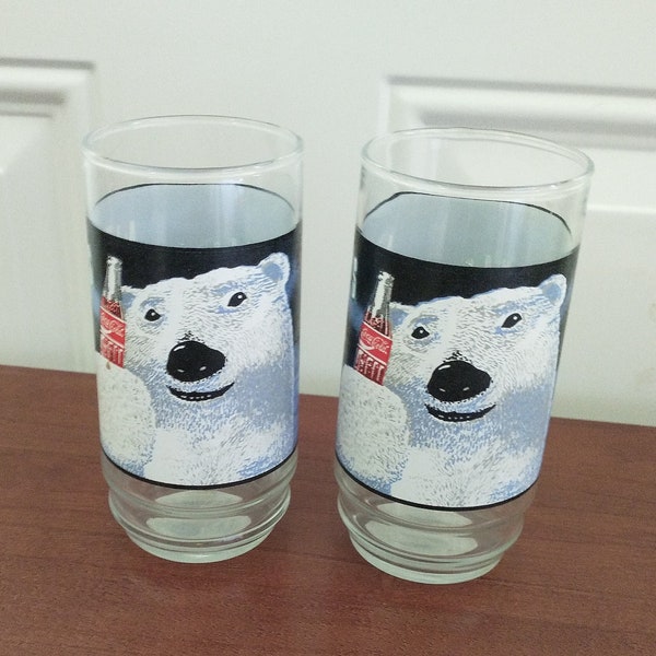 Vtg Coca-Cola Always Cool Glasses, SET OF 2, by Indiana Glass, Polar Bear, 16 oz, Excellent Condition!