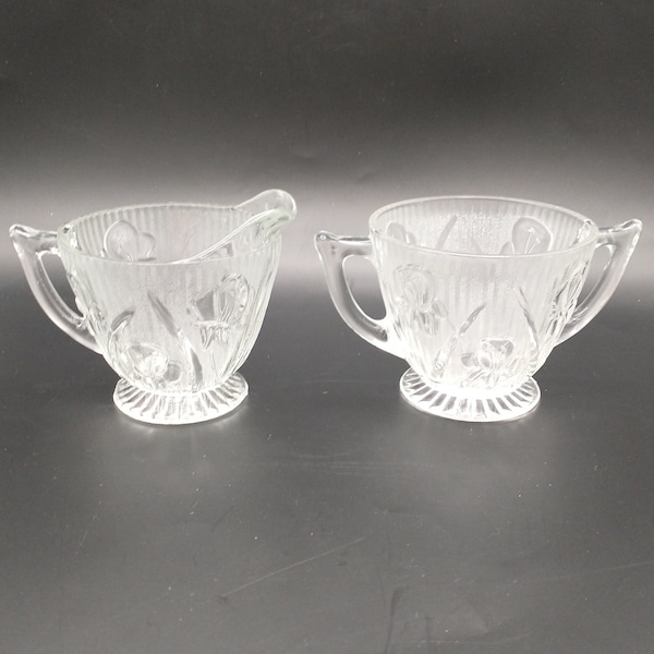 Vintage Jeannette Iris Clear Creamer and Sugar Bowl (No Lid), Iris and Herringbone, Depression Glass, 1928-1932, Excellent Condition!