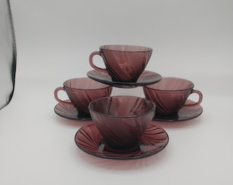Vintage Rivage Amethyst Cups and Saucers, SET OF 4, by Duralex France, Excellent Condition!