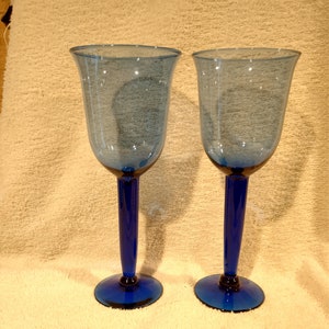 Cobalt Blue Tall Wine Glasses, SETS OF 2,  Hand Blown, Tulip Shaped, Large Stem, 8 7/8&quot;, 14 oz,  Excellent Condition!