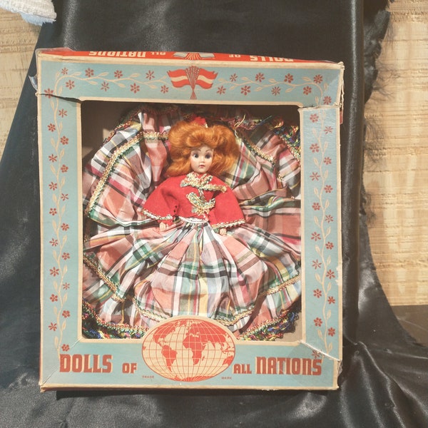 Vtg Scottish Girl Doll #701, Duchess Dolls Corp, 1948, 7 1/2" doll, Doll Very Good, Box Poor Condition