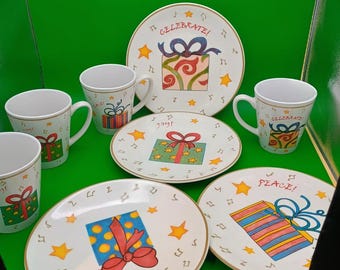 Vintage Holiday Dessert Plate and Mug Set, 4 Plates 8 1/4", 4 Mugs 12 oz, In Original Box, Excellent Condition!