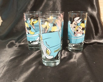 Vtg Disney Glasses, Mickey, Minnie, and Pluto In Car, SET Of 4, 6 1/4", 12 oz., Excellent Condition!