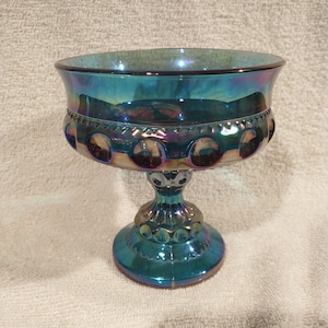 Vtg Colony Color Crown Blue Carnival Glass Round Compote, 5 1/4" Tall, 1970s, Brilliant iridescence!