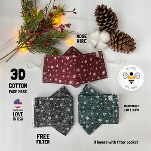 3D Face Mask, Origami face mask, Snowflake Glitter, Filter Pocket, free filter, Nose Wire, 3 layers, Washable, Breathable, Fog Free