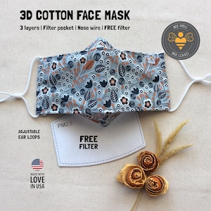 3D Face Mask, autumn face mask for women, Origami face mask, Filter Pocket, free filter, Nose Wire, 3 layers, Washable, Breathable, fog free
