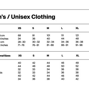 May include: Size chart for men's and unisex clothing, showing chest and waist measurements in inches and centimeters, as well as international sizes in French, Italian, German, Netherlands, Spain, and USA.