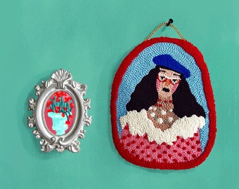 Blue Hat Girl - Wall Hangings, Punch Needle, Needle Art, Wall Decor, Customizable Gift, Punch Needle Embroidery