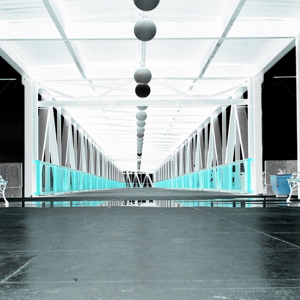 Cyan, Black and White Inverted Photography Print Unframed 8x10, "Skywalk" Benches Walkway High Contrast Photo Decor