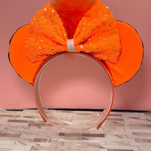 Oreilles de Mickey faites main à l&#39;envers | Serre-tête Anxiety Character Disney avec paillettes orange et effet pelucheux | Cosplay Pixar unique
