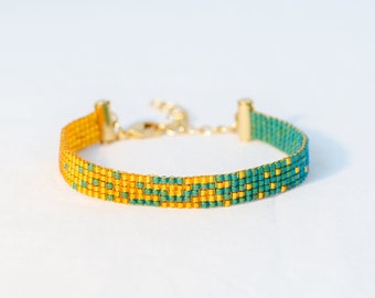 Miyuki delica beads bracelet, Elegant bead loom bracelet, Dainty woven boho style bracelet, Adjustable Friendship bracelet, Sahara Green