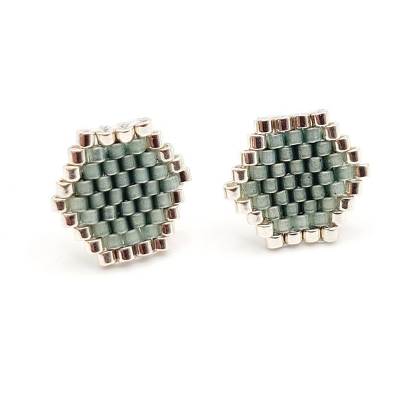 Green and Silver hexagon earrings, Miyuki Delica beads stud earrings, Minimalistic beaded studs, Elegant stud earrings, Classic studs