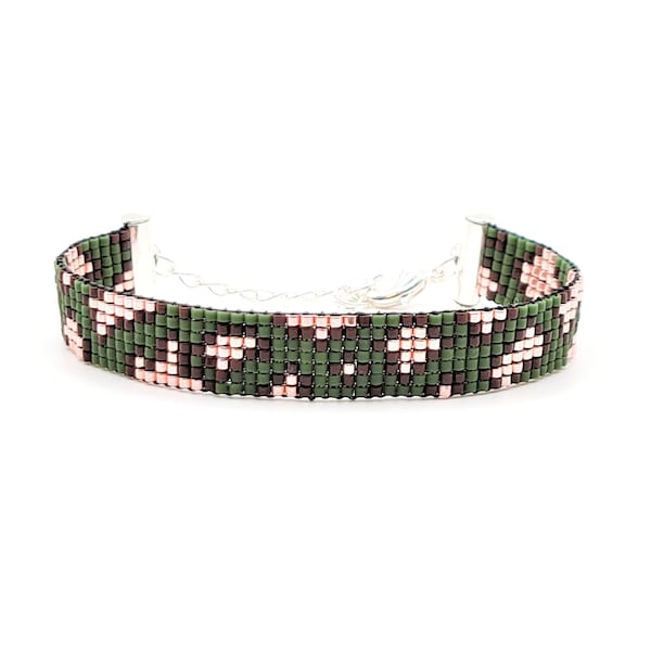 Bracelet perlé Panther Print Miyuki Delica, bracelet imprimé Léopard, bracelet Loom, bracelet réglable imprimé animal vert, or rose