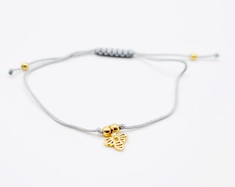 Pulsera de encanto de abeja dorada con cordón gris, pulsera de deseo minimalista, pulsera de amistad unisex ajustable, cordón de nailon, plata de ley