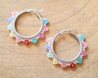 Pastel flower earring hoops, Miyuki Delica beads earrings, Funky earrings, Summer statement earring, Lightweight big earrings,