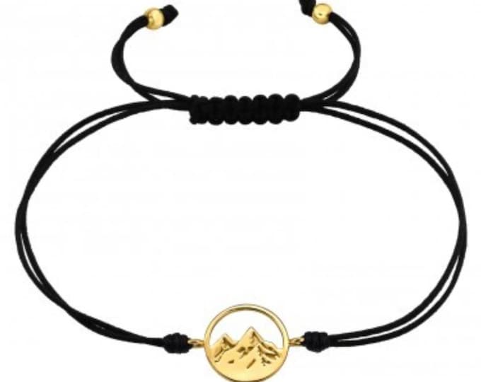 Gouden 925 Sterling Zilver berg bedel armband met zwart koord, Minimalistisch vriendschapsarmband, Verstelbare unisex armband, Wanderlust