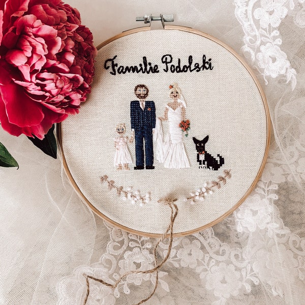 Stickrahmen Familienportrait, Ringkissen Hochzeit, personalisiert