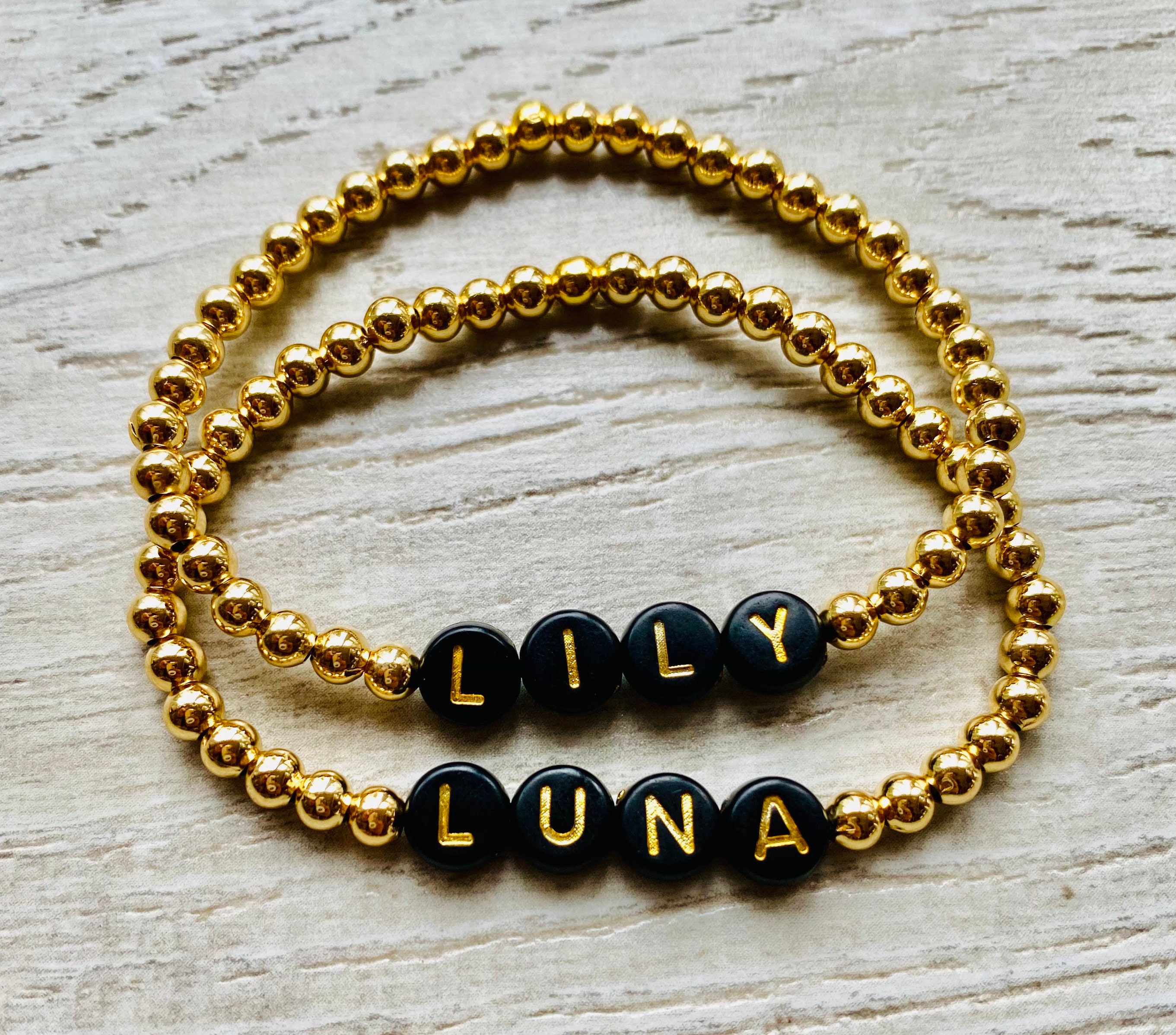 SET OF TWO Black & Gold Name Bead Bracelet With 18k Gold Plated Bracelet Etsy