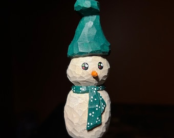 Wood Carved Snowman Christmas Ornament - Handcrafted Holiday Decor