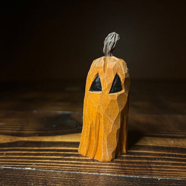 Hand-Carved Wood Pumpkin Ghost Halloween Decoration