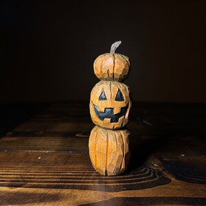 Hand Carved Wood Jack-O-Lantern Pumpkin Stack- Halloween Decor - Spooky