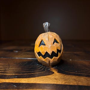 Hand Carved Wood Jack-O-Lantern Pumpkin- Halloween Decor - Spooky