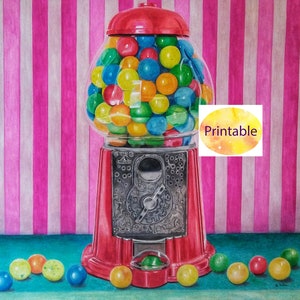Gumball Machine Poster, Colored Pencils, Printable Art, Digital Download, Wall Art, Classroom Art, Instant Download