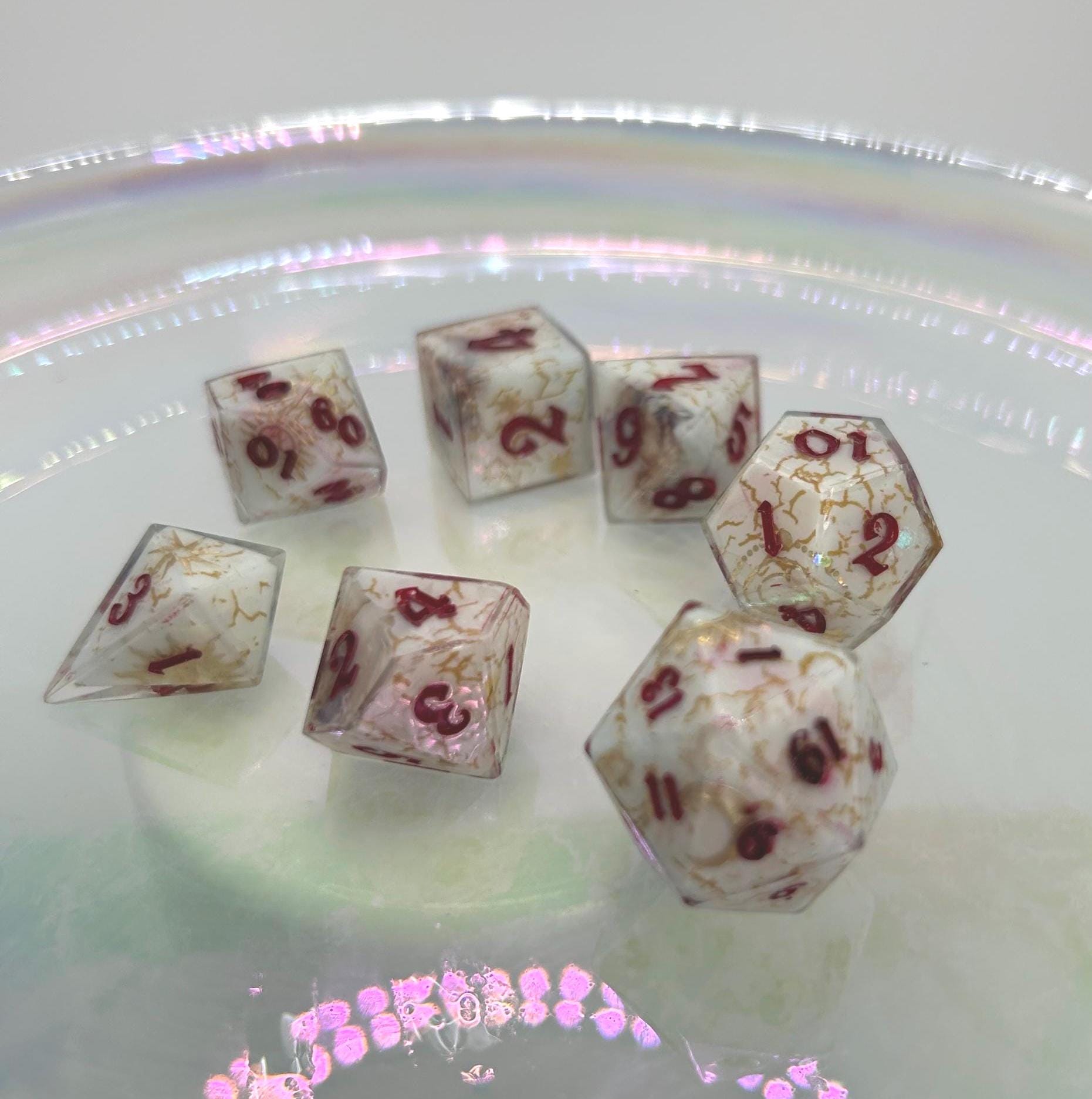 White Gold Crackle & Red DND Role Playing Dice Set | Perfect for Tabletop Gaming | Unique and High-Quality Design | 8 Pieces
