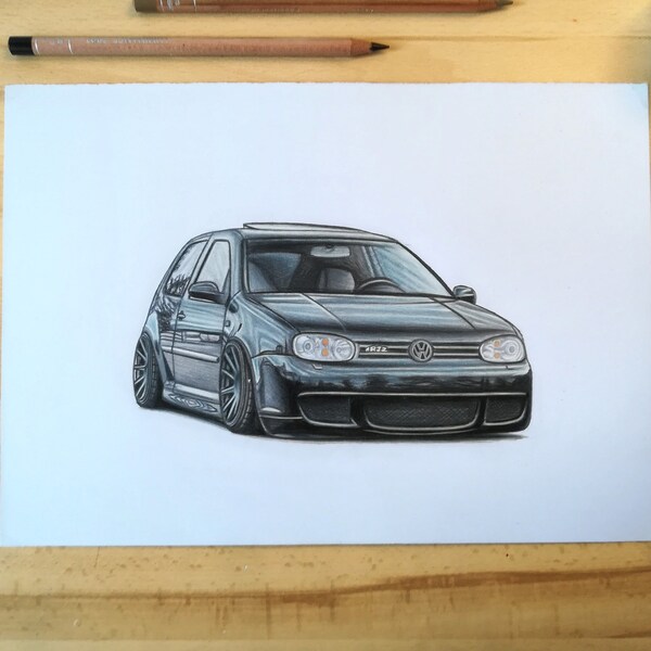 Volkswagen Golf Mk4 - Poster - Realistic Car Drawing - Print - Gift - Wall Decor