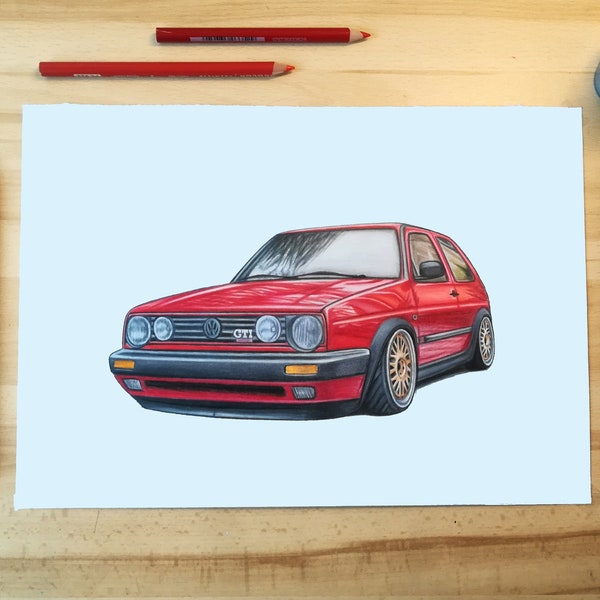 Volkswagen Golf Mk2 - Poster - Realistic Car Drawing - Illustration - Print - Fathers Day Gift - Wall Decoration