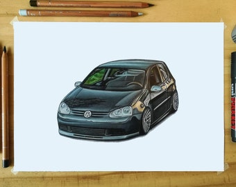 Volkswagen Golf Mk5 GTI - Poster - Realistic Car Drawing - Print - Gift - Wall Decor