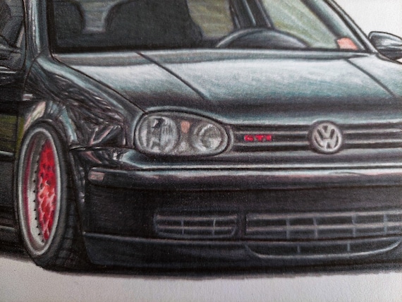 VOLKSWAGEN GOLF Mk4 Realistic Car Drawing Fine Art Print Poster Fathers Day  Gift Boys Room Wall Decor 