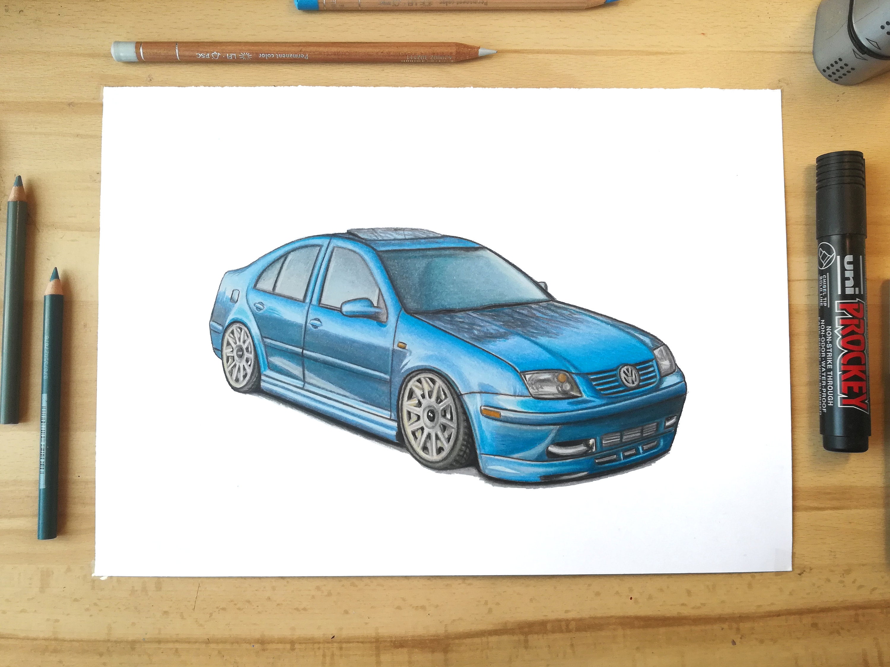 Volkswagen Jetta Mk4 - Bora - Poster - Realistic Car Drawing - Print - Gift  - Wall Decor
