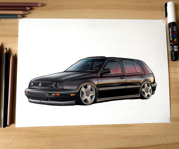 Volkswagen Golf Mk3 Poster Realistic Car Drawing Print Gift Wall Decor 