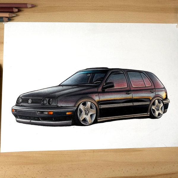 Volkswagen Golf Mk3 - Poster - Realistic Car Drawing - Print - Gift - Wall Decor