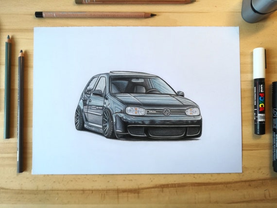 Volkswagen Golf Mk4 Poster Realistic Car Drawing Print Gift Wall Decor 