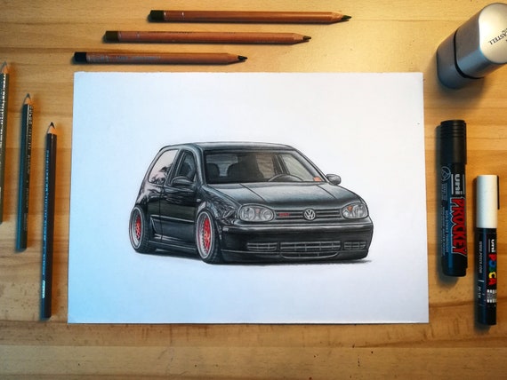 VOLKSWAGEN GOLF Mk4 Realistic Car Drawing Fine Art Print Poster Fathers Day  Gift Boys Room Wall Decor 