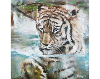 Original Tiger Girl Oil Painting, Colorful Animal Art on Canvas
