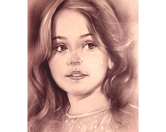 May include: A sepia-toned portrait of a young girl with long, wavy hair. She is wearing a light-colored dress with a delicate pattern. Her eyes are looking off to the side, and she has a soft, gentle expression.