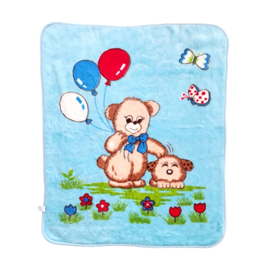 Vtg VIP No 1 Minky Baby Blanket Teddy Bear Puppy Balloons Blue Etsy