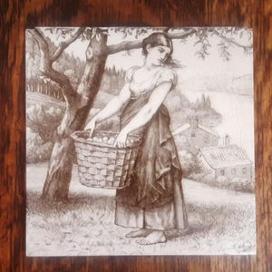 Antique tile Mintons of a woman carrying apples 1882